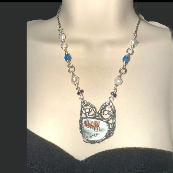 Courier & Ives Winter Pendant Necklace With Handcrafted Boho Metalwork & Pearls - Picture 3 of 13